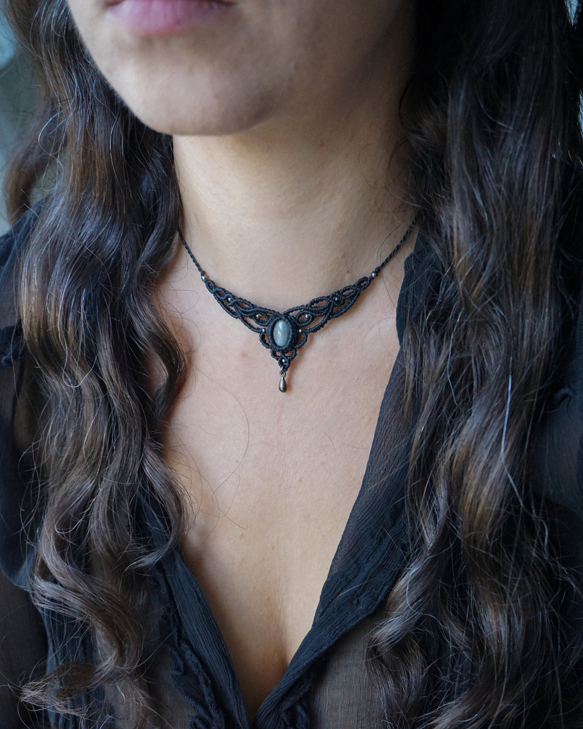 Collana Campanula con Ossidiana Argento