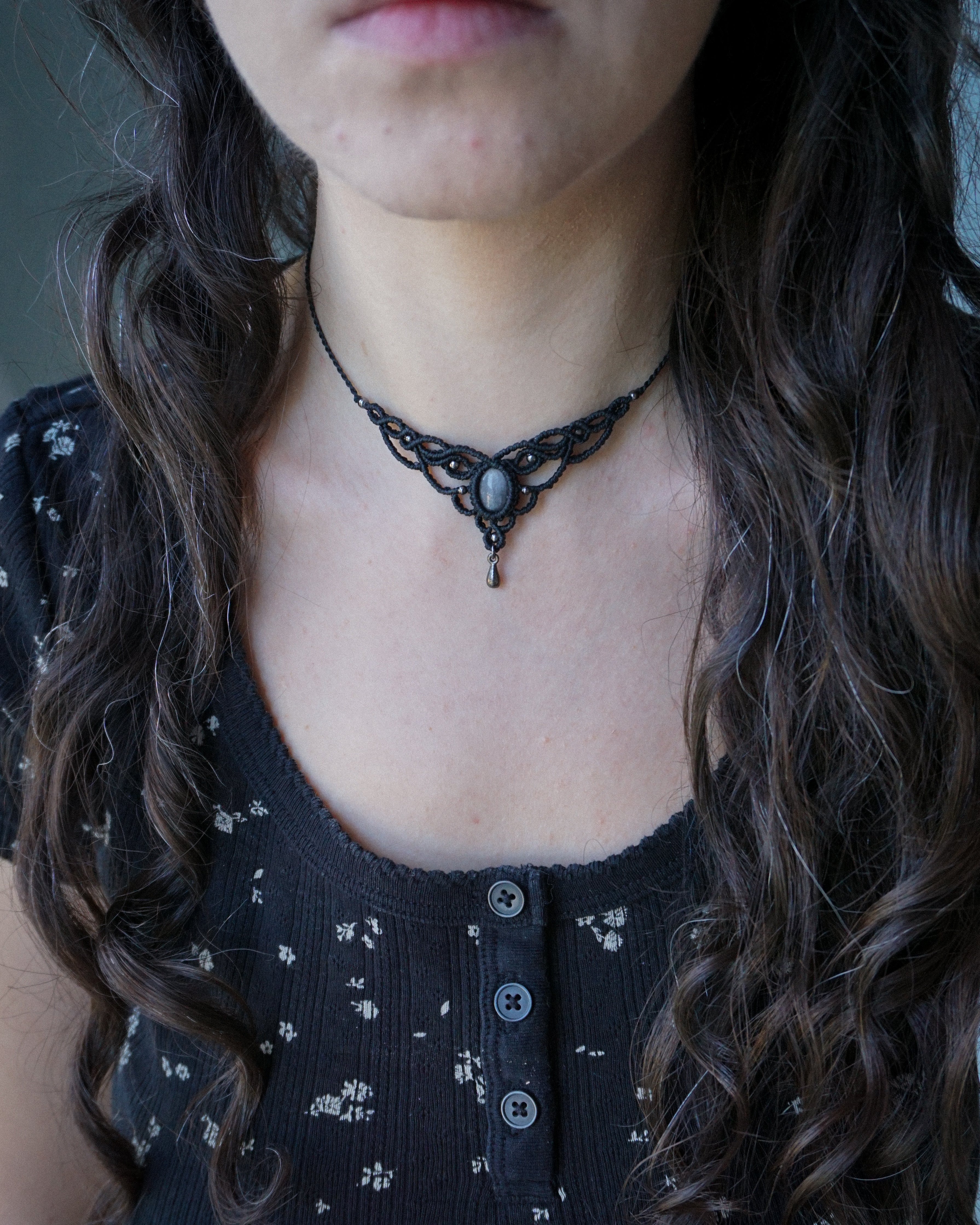 Collana Campanula con Ossidiana Argento
