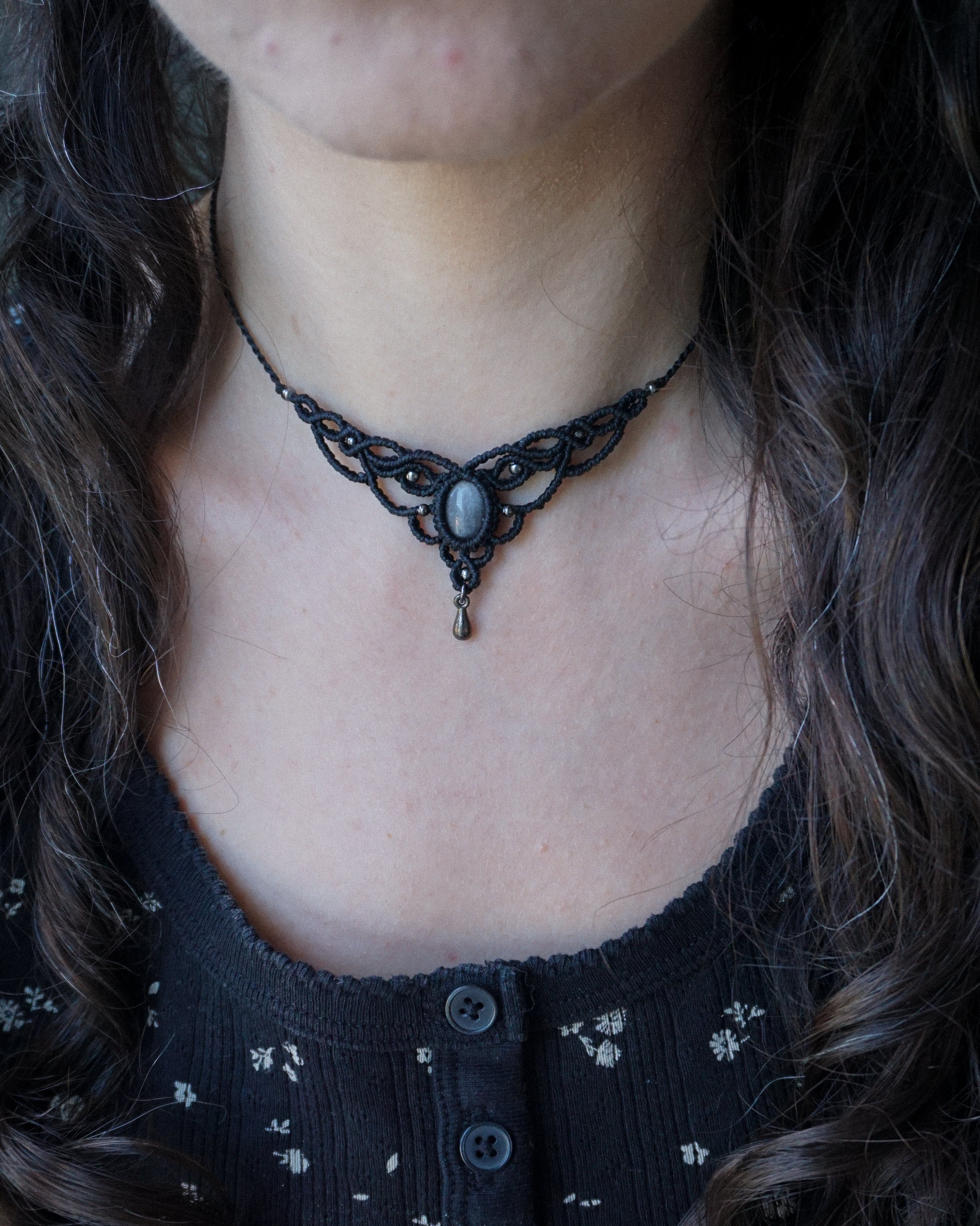 Collana Campanula con Ossidiana Argento